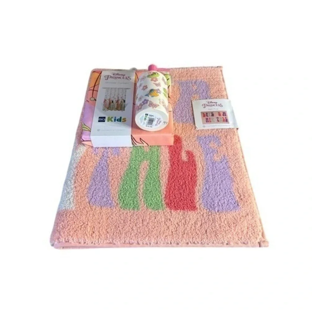 Disney Princess Bathroom Set: Shower Curtain Soap Dispenser & Bath Mat Pink NEW